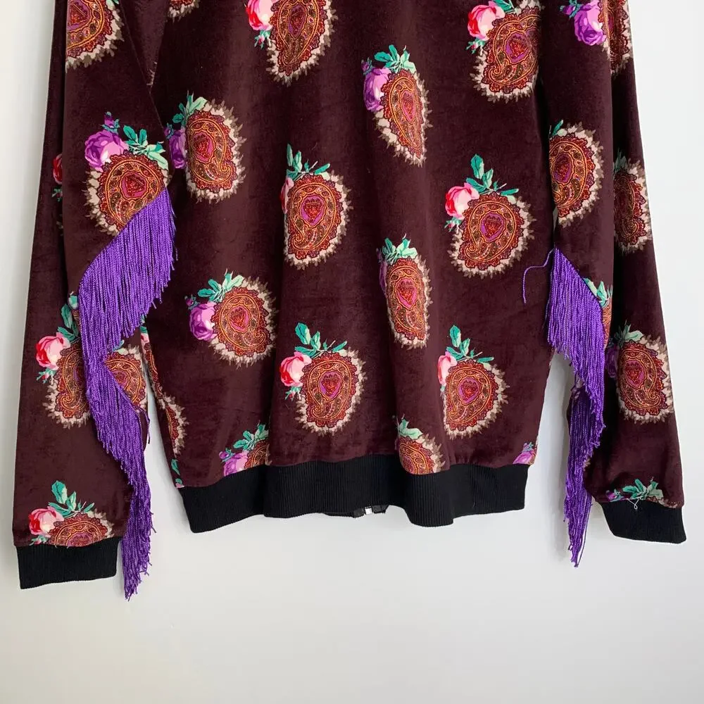 Moon & Nomad Mixed Emotions Velvet Bomber Jacket Burgundy Purple Fringe Medium - Picture 6 of 14